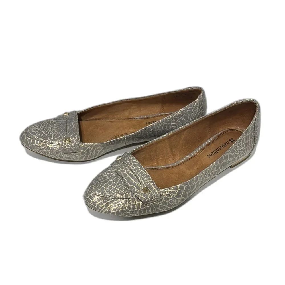 Snakeskin Textured Women's Gray & Gold Flats w/ Gold Accents size 7.5